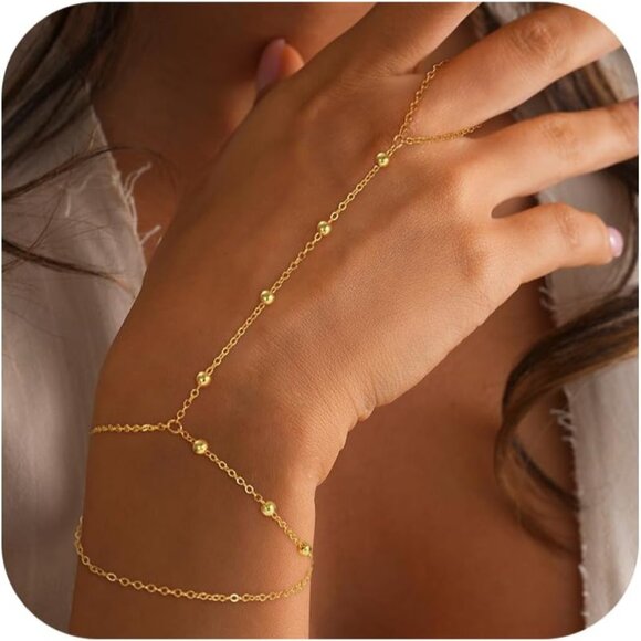 Jewelry - Hand Chain Bracelets for Women - 14K Real Gold Plated Dainty Stackable Paperclip